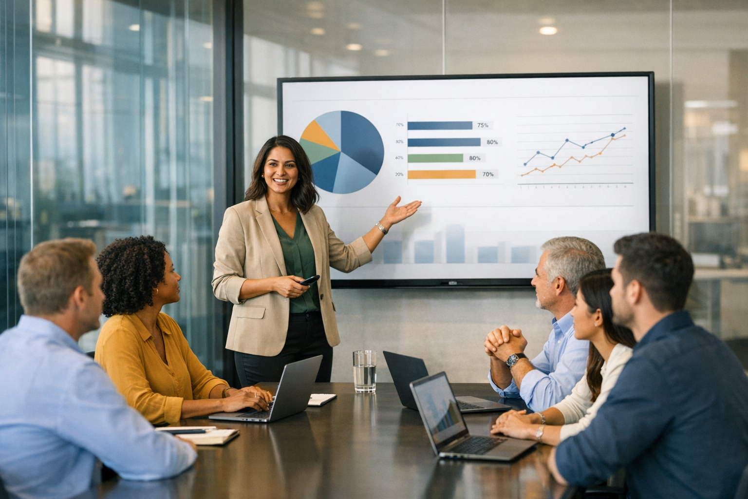 Corporate team in a modern conference room collaborating on training with analytics dashboard