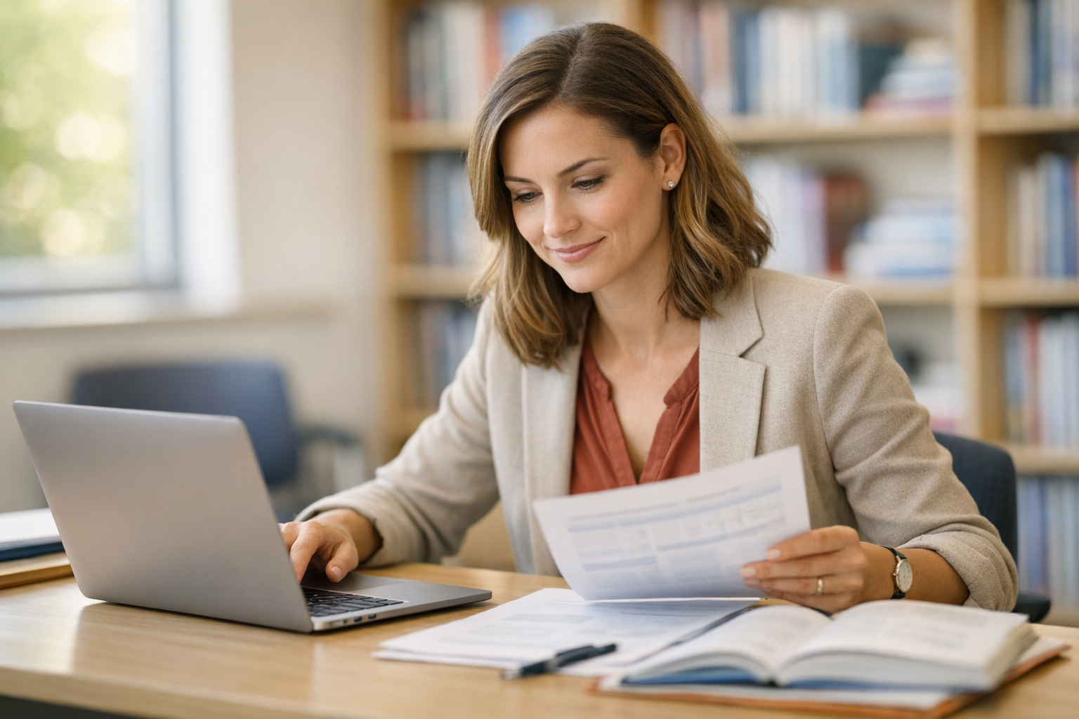 Educator working with curriculum materials and lesson plans at a desk with bookshelves