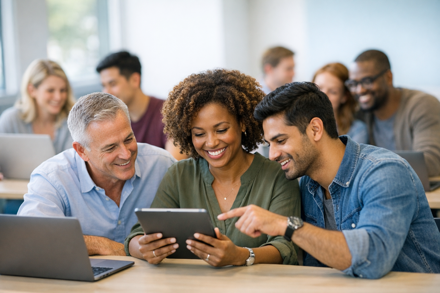 AI-powered classroom with students learning through holographic interfaces
