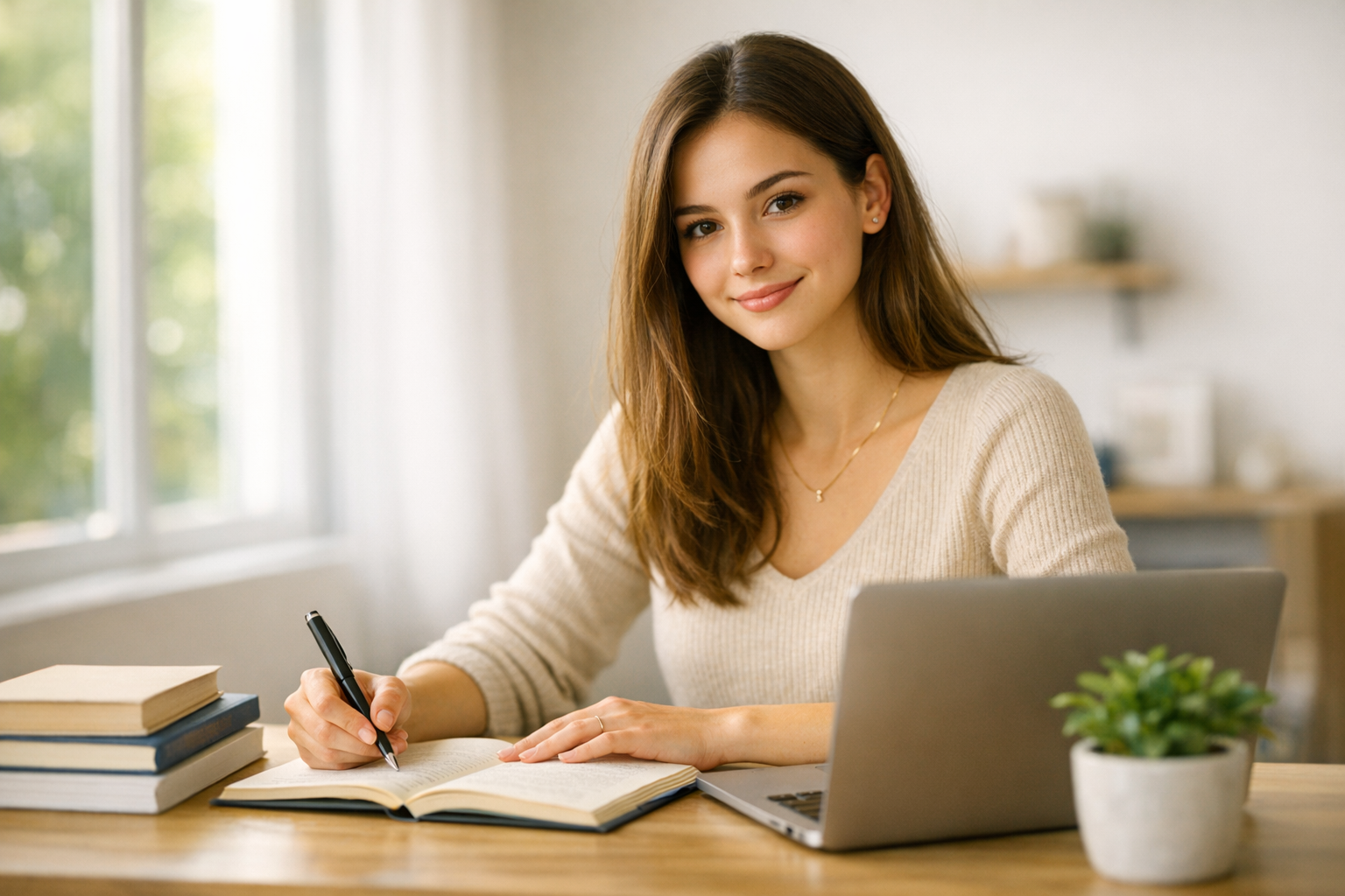 Student smiling while learning on a laptop in a bright modern study space